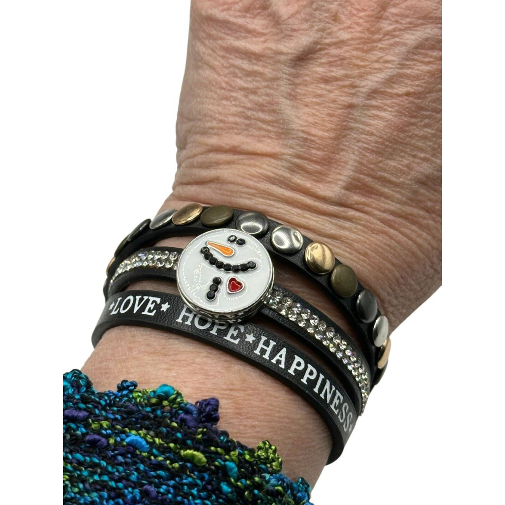 Smiling Snowman Snap Bracelet Black Leather Love, Hope, Happiness NWT